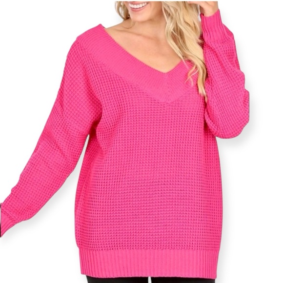Women’s Oversized Hot Pink V-Neck Off The Shoulder Waffle Knit Sweater XL - Picture 4 of 9
